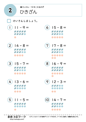 【計算プリント】10をこえる引き算2:減加法