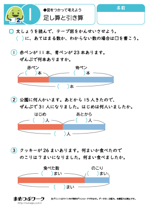 小2:算数プリント｜文章問題｜足し算と引き算1