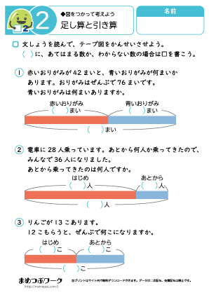 小2:算数プリント｜文章問題｜足し算と引き算2