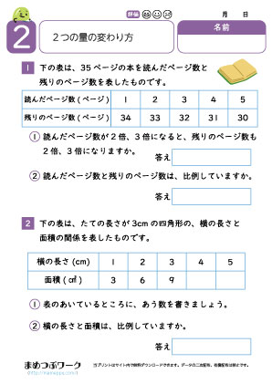 小5算数プリント|2つの量の変わり方2