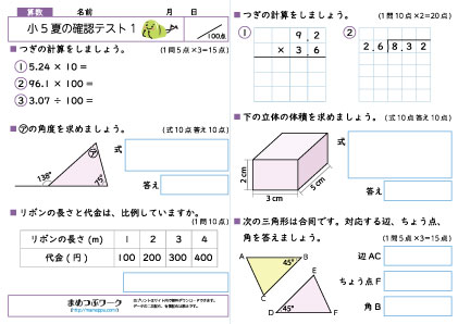 小5算数プリント|夏の確認テスト1