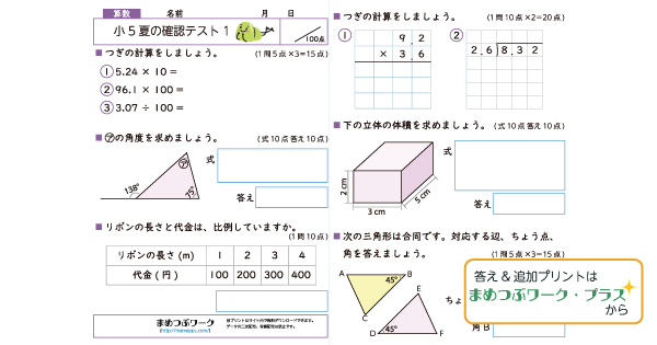 小5算数プリント|夏の確認テストのサムネイル画像