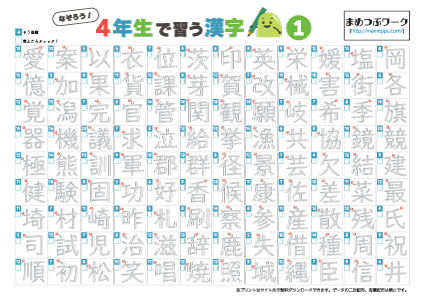 小4で習う漢字表1なぞり書き