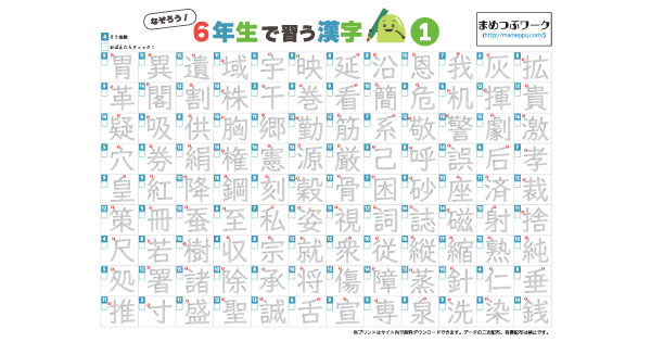 小6で習う漢字表のサムネイル画像