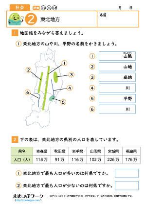 小4社会プリント|東北地方