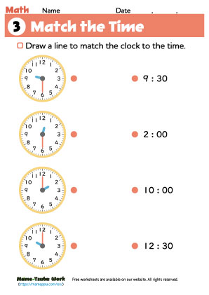 grade1 math ｜match the time worksheet3