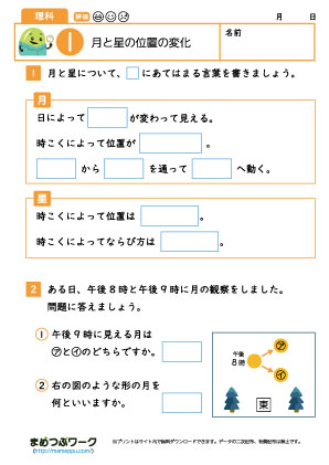 小4理科プリント|月と星の位置1