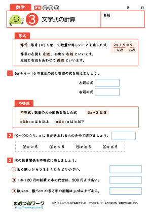 中1数学プリント│文字式の計算3