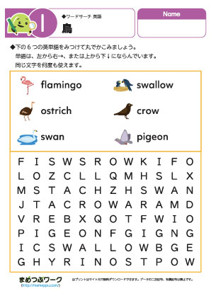 英語プリント｜鳥のワードサーチ1